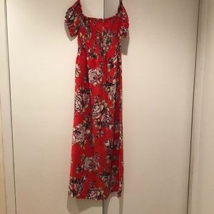 Off the shoulder red rose print maxi dress